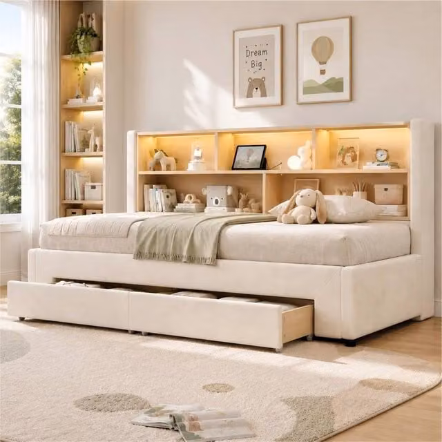 ModernLuxe Beige Velvet Upholstered Daybed with Pull Out Guest Bed, LED Storage Headboard and 2 Drawers, W/D/H: 191 x 90 x 82.5 cm