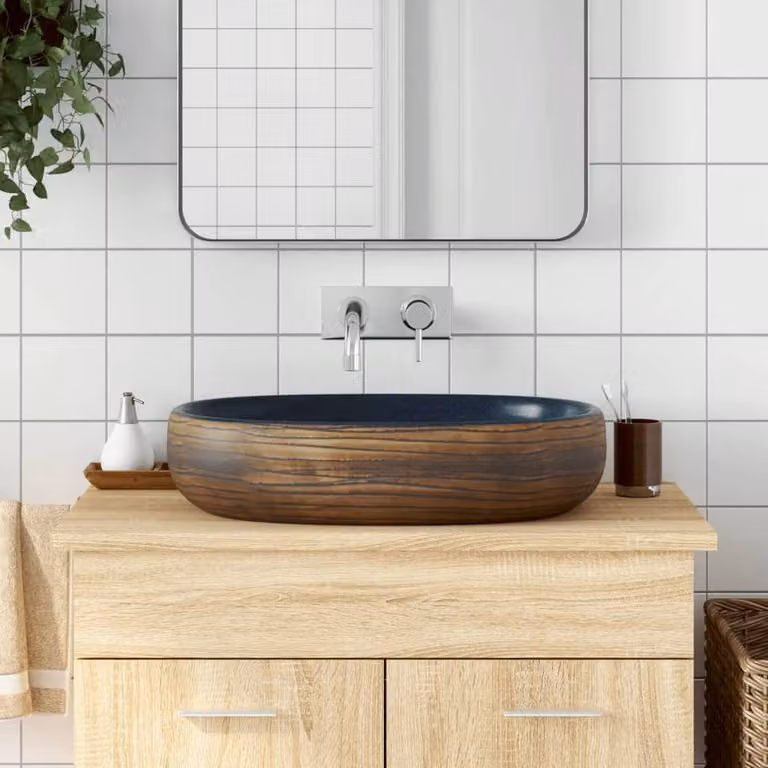 Berkfield Home Oval Ceramic Countertop Basin in Brown and Blue, W: 59 cm, D: 40 cm, H: 14 cm