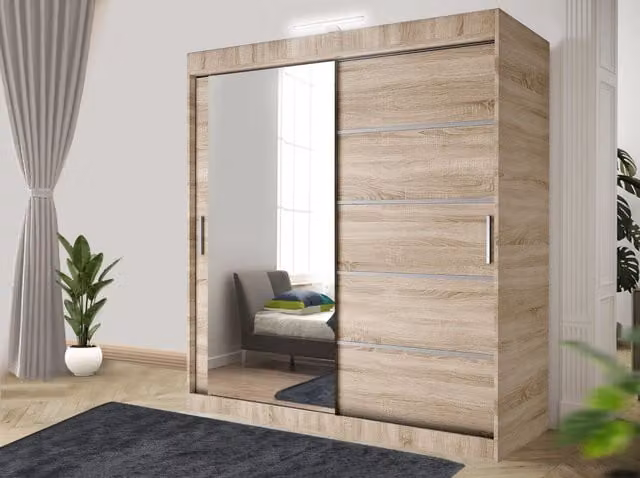 RAC3 Modern Sliding Door Wardrobe with LED Lighting, Mirror and Integrated Drawers in Black and Light Oak, Width: 180 cm