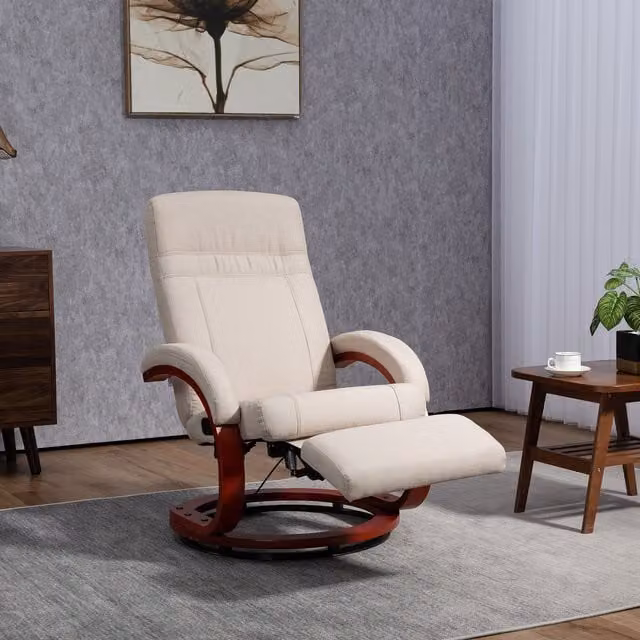 HOMCOM Beige Fabric Swivel Recliner Chair with Footrest and Solid Wood Frame