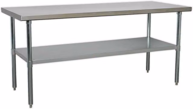 Loops Stainless Steel Work Bench and Adjustable Storage Shelf in Silver, W/D/H: 180 x 76 x 89 cm