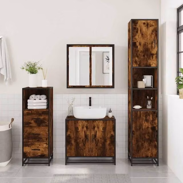 Berkfield Home Smoked Oak Bathroom Cabinet, Brown, W/D/H: 35 x 37.5 x 100 cm