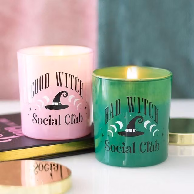 Uniqueful Set of 2 Good Witch and Bad Witch Scented Glass Pillar and Votive Candles in Pink and Multicolour with Fruity Fragrance