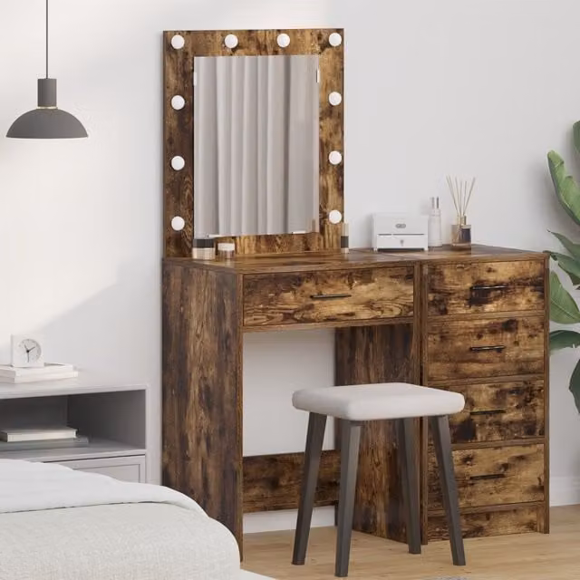 Berkfield Home Smoked Oak Dressing Table with LED Lights, Brown, W/D/H: 50 x 41 x 135 cm