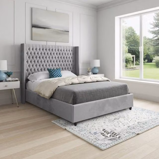 KDMD Welbury Winged Upholstered Small Single Bed Frame in Grey Soft Velvet