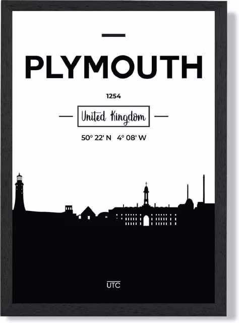 ARTZE Plymouth Black and White City Skyline Framed Paper Poster, Black Frame, A4