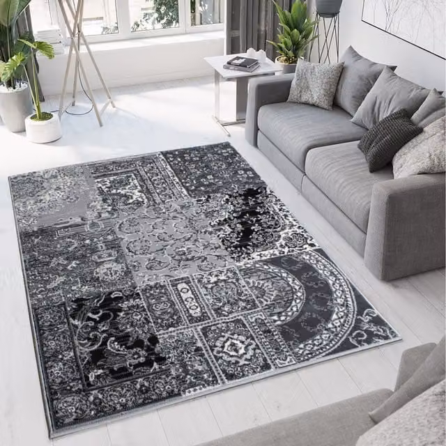 The Rug House Black and Grey Monochrome Traditional Patchwork Living Room Rug, W: 170 cm, D: 120 cm