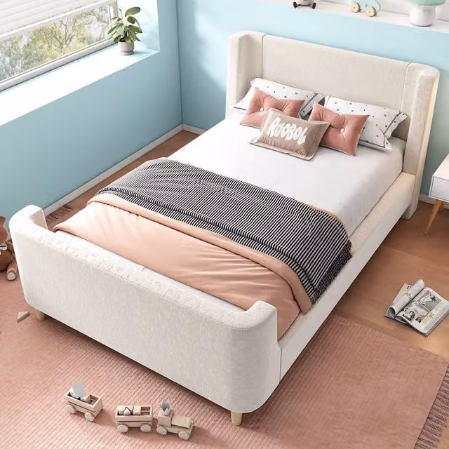 BTM Cosmic Upholstered Sleigh Bed in Beige Velvet, Single Size, W/D/H: 90 x 190 cm