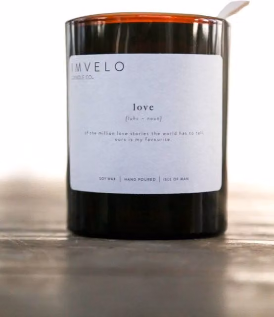 Imvelo Candle Co Definition Love Candle in Amber with Woodsmoke and Leather Scent