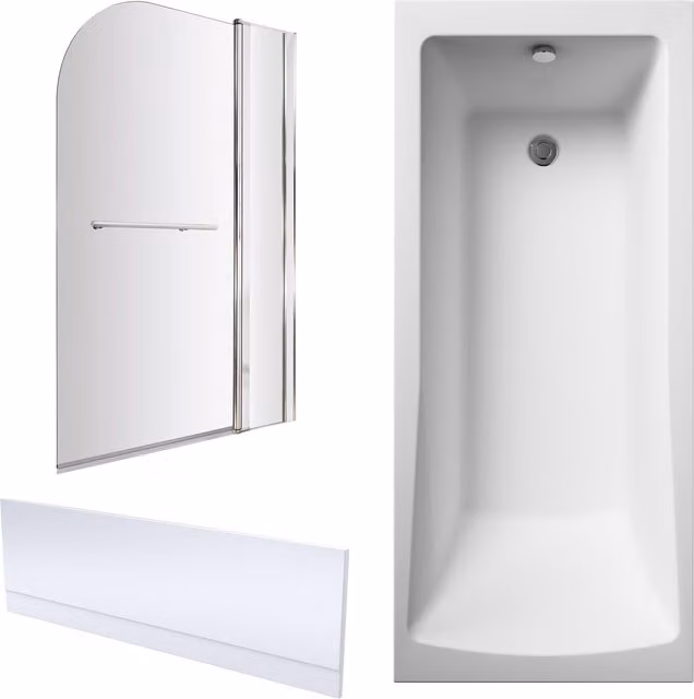 Balterley Square Rectangular Shower Bath Set in White with Apron, Fixed Corner Screen and Rail, W: 170 cm, D: 75 cm