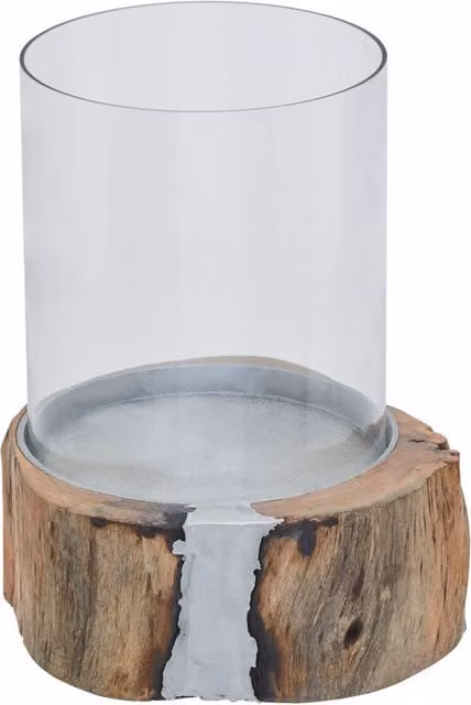 Orsina Rustic Round Tabletop Pillar Candle Holder in Brown and Silver with Glass and Wood Details