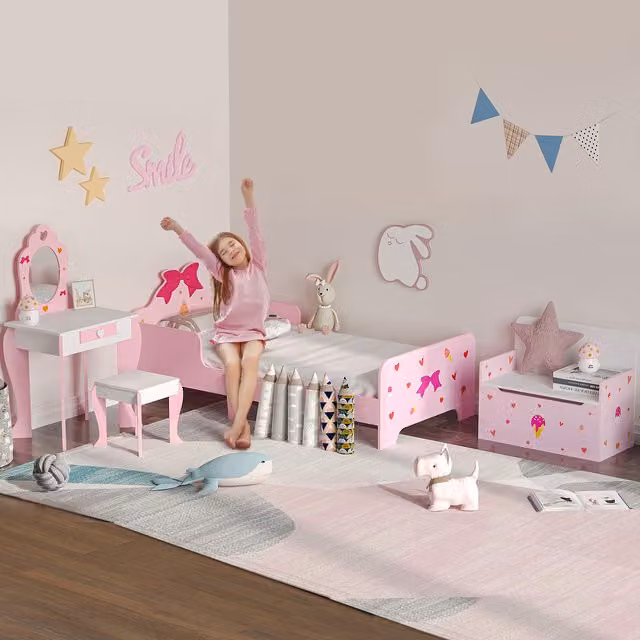 ZONEKIZ 4-Piece Pink Kids Bedroom Furniture Set with Single Bed, Toy Box, Dresser Vanity and Bench for Ages 3-6 Years