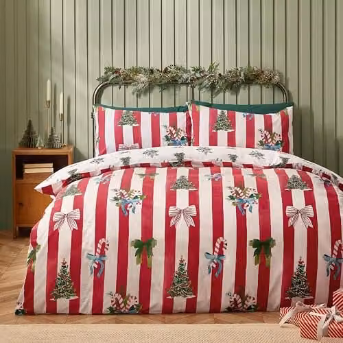 Catherine Lansfield Christmas Stripe Reversible Duvet Cover and Pillowcase Set in Red and White, W/D/H: 180 x 200 cm