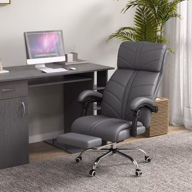 VINSETTO Grey PU Leather Executive Office Chair with Vibration Massage, Heat, Footrest and Headrest