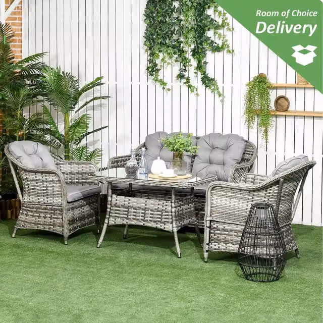 Outsunny Grey Round Wicker Rattan Garden Furniture Set with Upholstered Cushions and Powder Coated Aluminium Frame