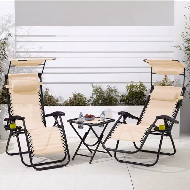 Neo Folding Zero Gravity Chairs and Table Set in Beige with Sun Canopy and Adjustable Headrests
