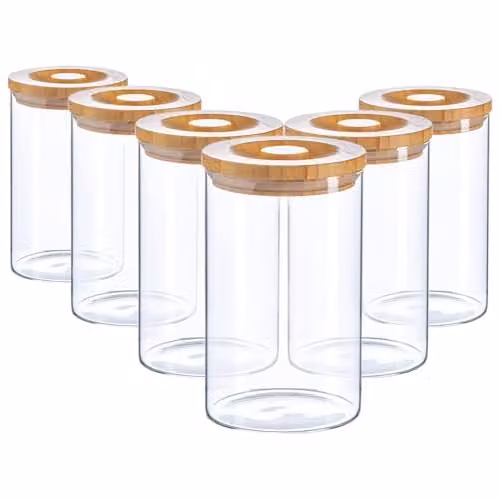 Argon Tableware Scandi Airtight Glass Storage Jars with Wooden Lids, 1 Litre, 6 Pack, Transparent