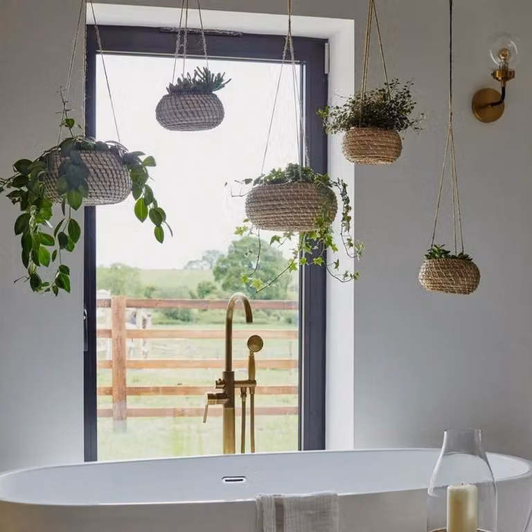 Lemon Pavilion Furniture and Decor Set of 2 Hanging Round Seagrass Rattan Planters in Beige and Sand
