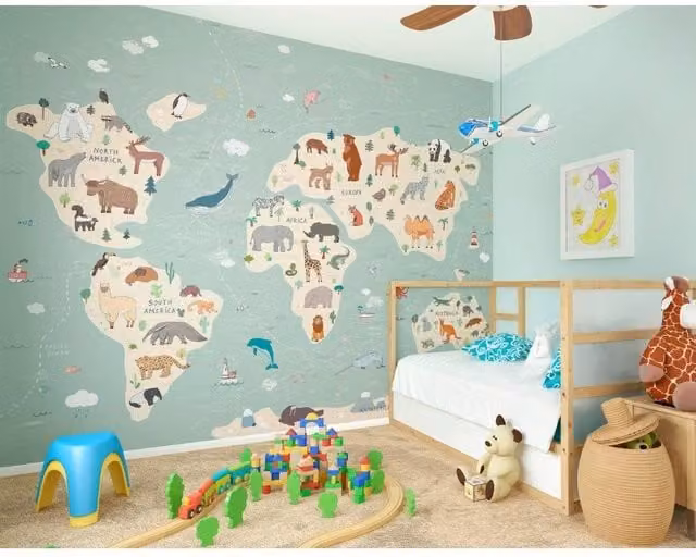 Origin Murals Children's World Map Wall Mural, Multicolour, W: 350 cm, H: 280 cm