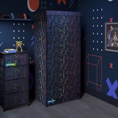 X-Rocker Hex Canvas Wardrobe with Hanging Rail and 3 Shelves, Black Neo Hex Pattern, H 166 x W 73 x D 51 cm