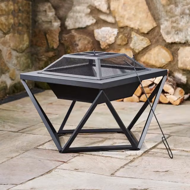 Teamson Home Black Metal Outdoor Wood Burning Fire Pit and Fire Bowl, W: 60 cm, D: 60 cm, H: 52 cm