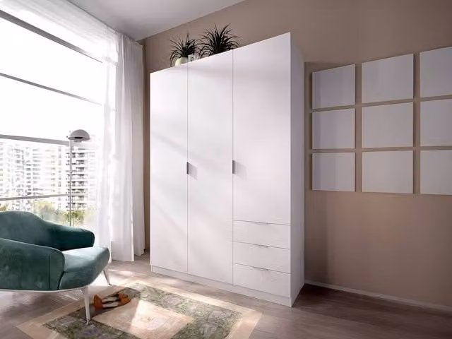 Vente-unique White Corner Wardrobe with 3 Doors and 3 Drawers, W: 121 cm, H: 184 cm, D: 52 cm