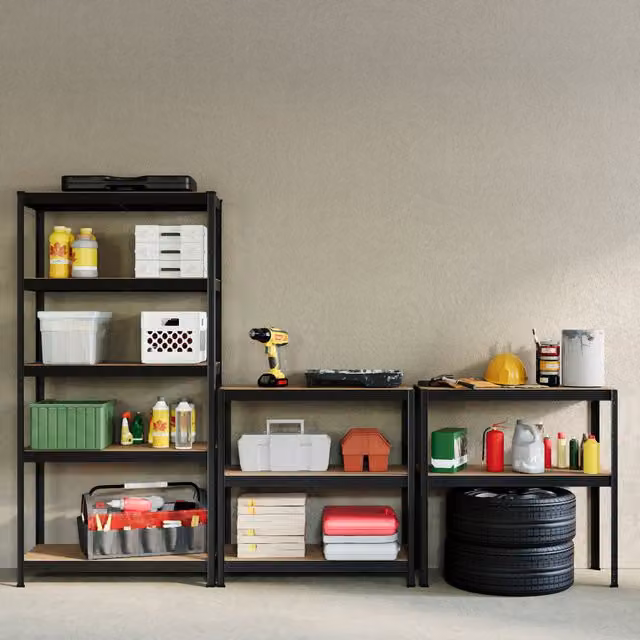 Home Discount Home Vida Set of 2 Heavy Duty 5 Tier Garage Shelves and Work Benches in Black, W/D/H: 150 x 70 x 150 cm