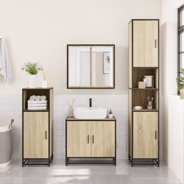 Berkfield Home Sturdy Sonoma Oak Bathroom Cabinet in Light Brown, W: 35 cm, D: 37.5 cm, H: 188.5 cm