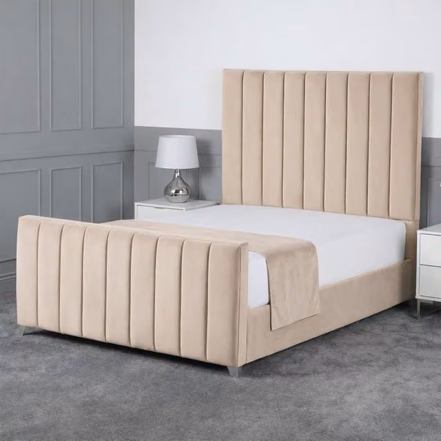 Living Comfort Bedz Empress Plush Velvet Upholstered King Size Bed with Slatted Base and 48 Inch Headboard in Beige