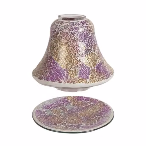 Aroma Accessories Purple and Gold Mosaic Crackle Glass Jar Candle Shade and Tray Set