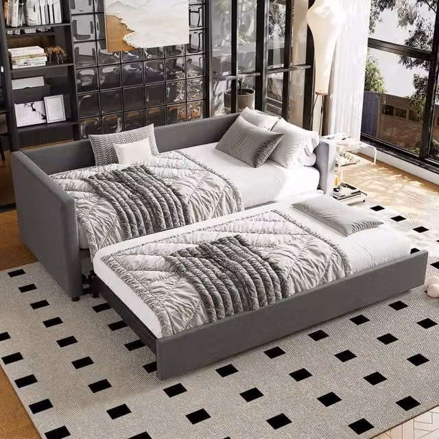 ModernLuxe Upholstered Single Daybed with Pull Out Bed, Converts to Double Bed in Grey, W/D/H: 190 x 90 x 73 cm