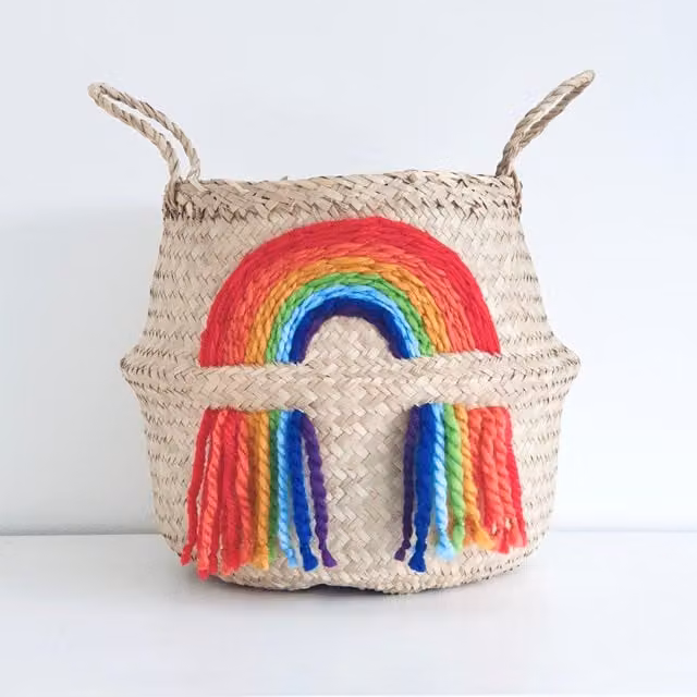 Bellybambino Vivid Rainbow Large Open Weave Seagrass and Wool Basket in Multicolour
