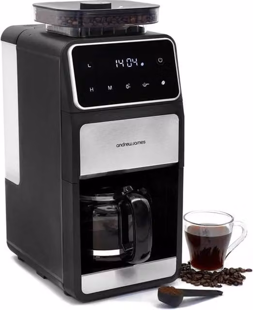 Andrew James Coffee Maker with Grinder and Glass Jug in Black