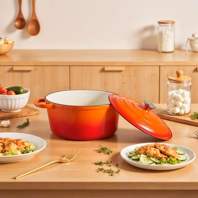 Living and Home Enameled Cast Iron Dutch Oven Pot with Lid, Orange, 4L