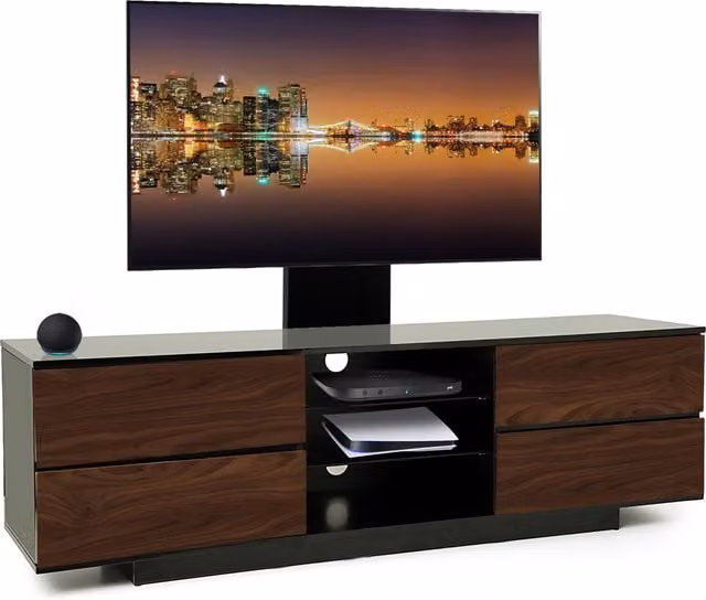 AVITUS Modern Black Walnut TV Cabinet with Mounting Arm and Glass Details, W: 158.0 cm, D: 40.0 cm, H: 48.0 cm