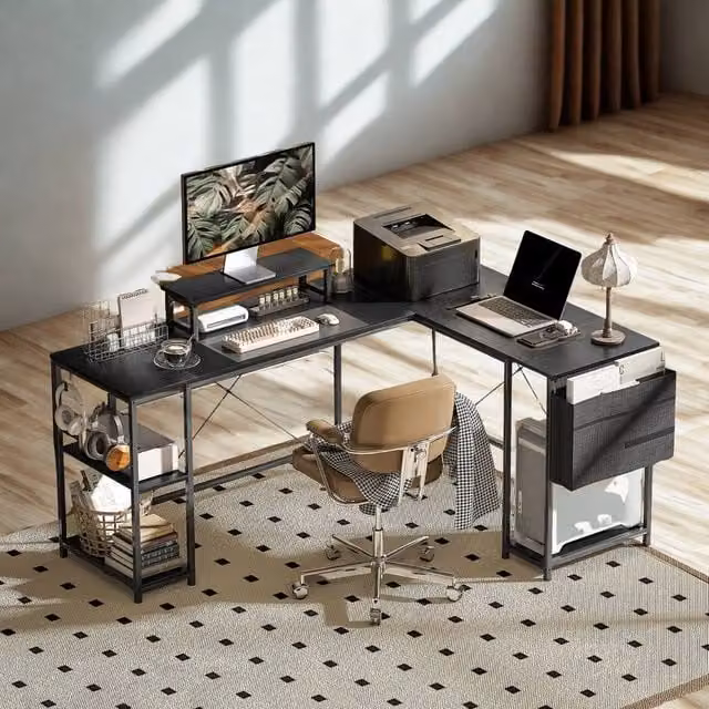 FURNOS Industrial L Shaped Corner Computer Desk in Black, W/D/H: 168 x 120 x 76 cm
