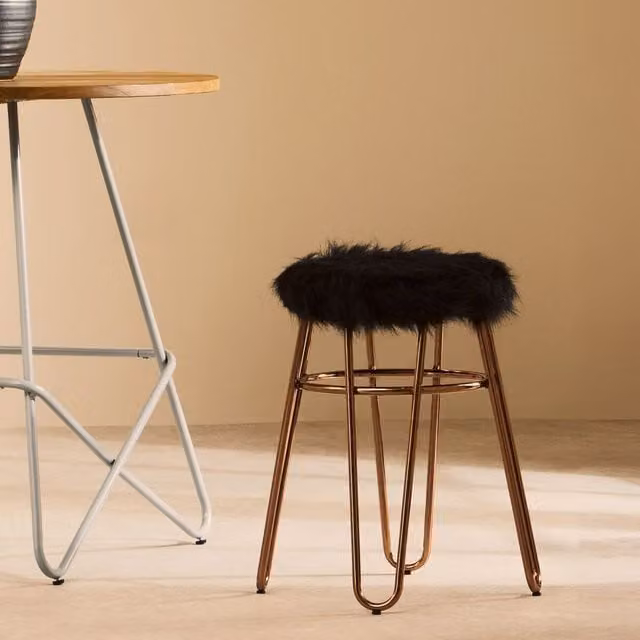 Orsina Faux Fur Cylindrical Stool with Gold Metal Frame in Black and Gold