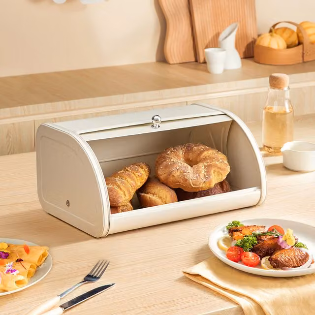 Livingandhome Metal Roll Top Bread Container in Cream