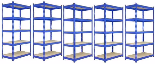 Monstershop Q-Rax Set of 5 Blue Freestanding Industrial Shelving Units, W/D/H: 90 x 50 x 180 cm