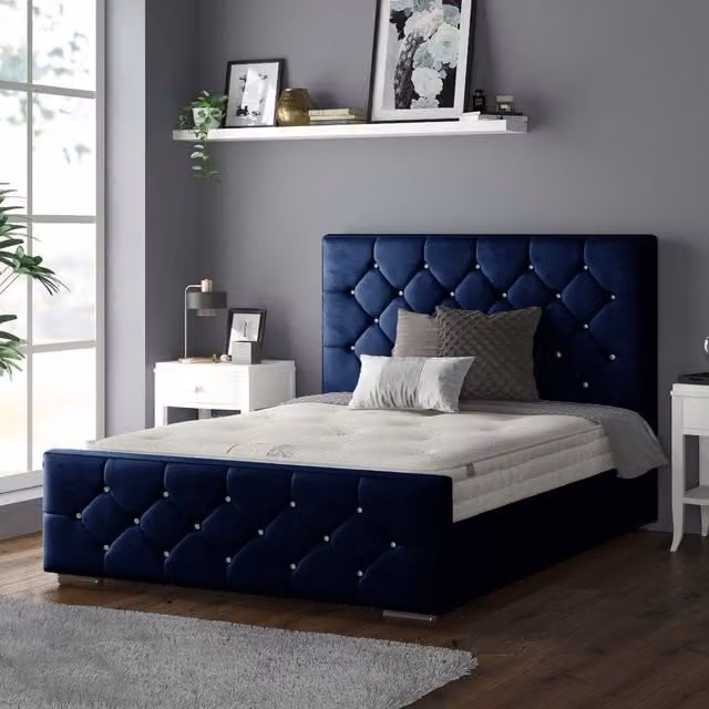 IH Design Chesterfield Upholstered Velvet Bed Frame in Blue, W/D/H: 140 x 200 cm