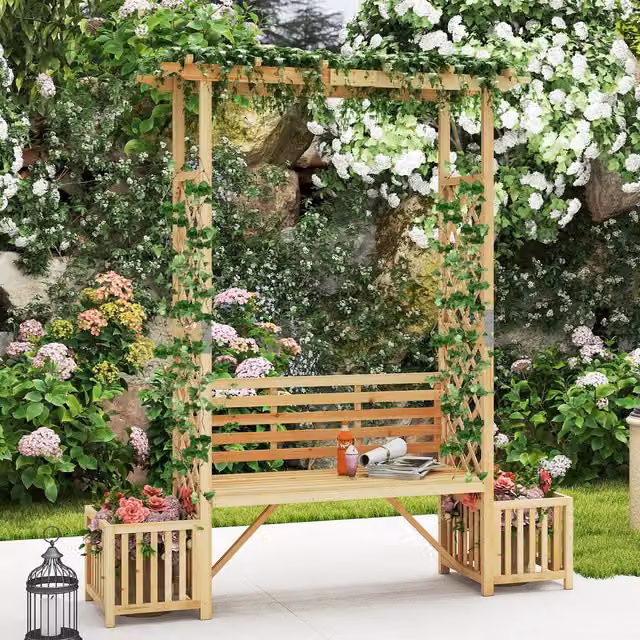 COSTWAY Rustic Brown Treated Hardwood Garden Bench with Armrests