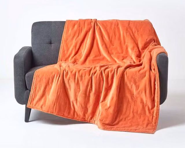 Homescapes Velvet Quilted Cotton Throw in Orange, W: 150 cm, D: 200 cm