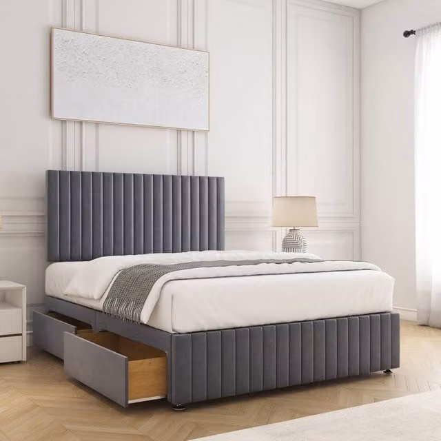 BSSPOKE Emma Small Double Divan Bed with 24 inch Headboard, 2 Drawers and Mattress in Charcoal Grey Plush Velvet