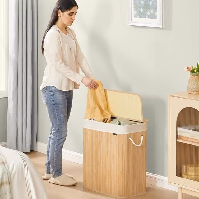 The Bazaarist Dual-Section Bamboo Laundry Hamper with Lid and Removable Cotton Bags, Brown, Collapsible Design