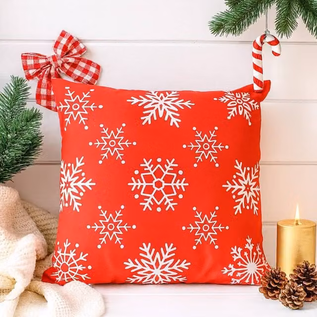 Voltico Festive Christmas Cushion with Snowflake and Santa Hat Design in Red and Grey, W/D/H: 35 x 35 x 35 cm