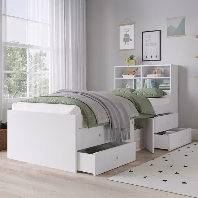 KIDSAW Single Storage Bed with Bookcase Headboard and 4 Drawers, White, 90 x 190 cm