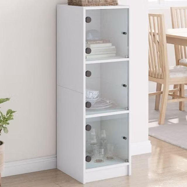 Berkfield Home Modern Highboard with Glass Doors in White, W/D/H: 35 x 37 x 109 cm