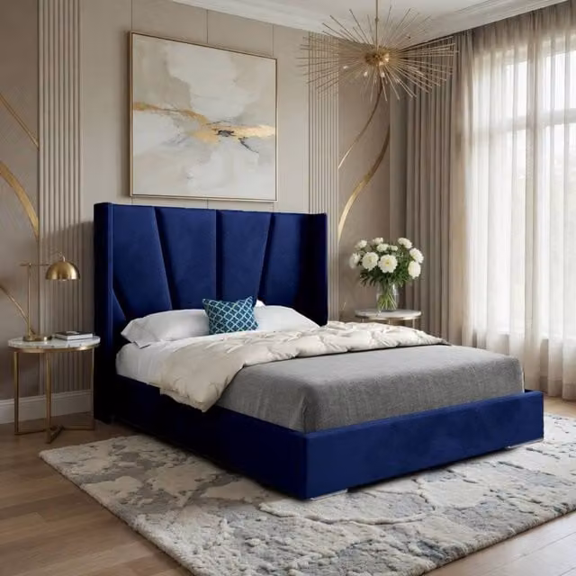 Casani Farleigh Upholstered Blue Velvet Designer Bed Frame, Single, W/D/H: 90 x 190 x 137 cm