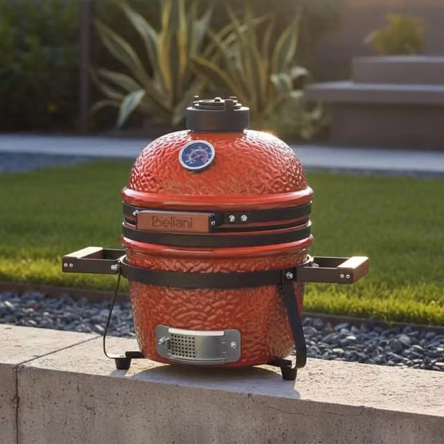 Wyld and Coco Red Ceramic Kamado Charcoal Grill with Lid and Thermometer