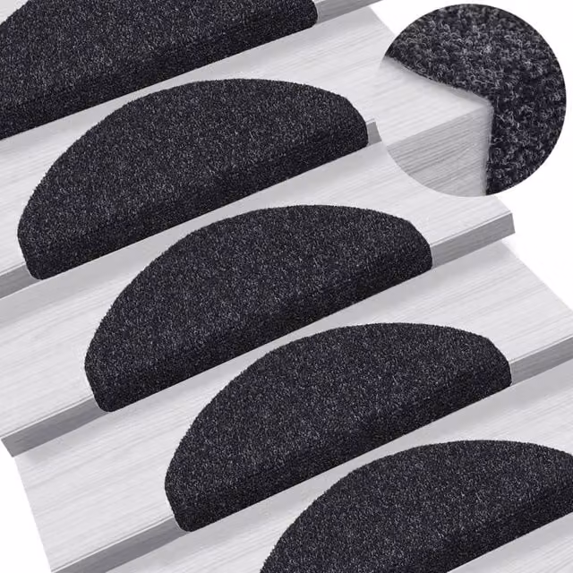 Berkfield Home 15 Piece Self-adhesive Needle Punch Stair Mats, Black, W/D/H: 65 x 21 x 4 cm